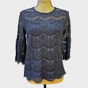 Monteau Lace Top Large Black Scallop Edge Bell Sleeve Semi Sheer, Size M